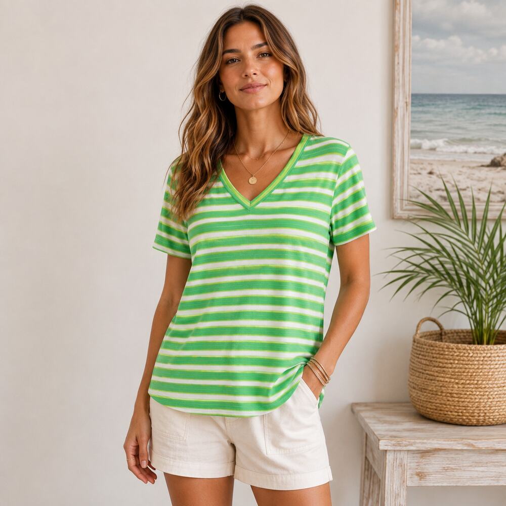 Basic Editions Short Sleeve Ribbed Knit Top Women's Size 1X Green Striped Casual